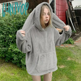 Lunivop Kawaii Rabbit Ears Hoodies For Women Winter Fleece Warm Loose Hooded Harajuku Y2K Casual